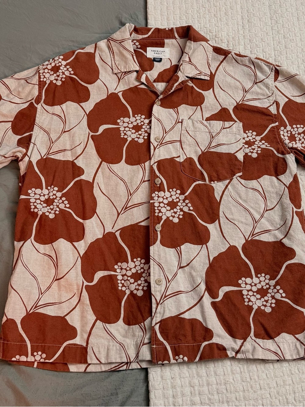 American Eagle Outfitters Rust and Cream Floral Button-Down Shirt